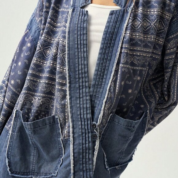 Blue Casual Women's Vacation Loose Drop Shoulder Jacket - Picture 7 of 8